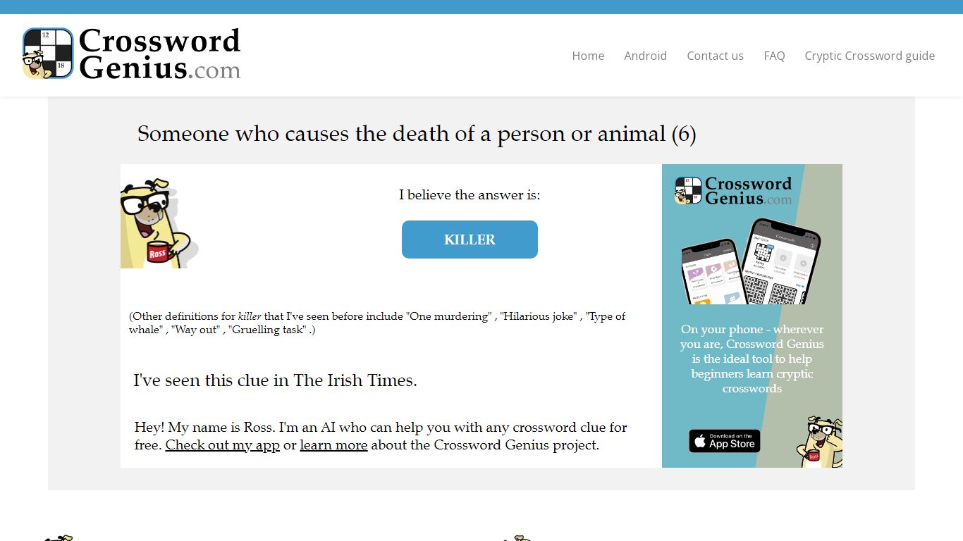 Someone who causes the death of a person or animal (6)